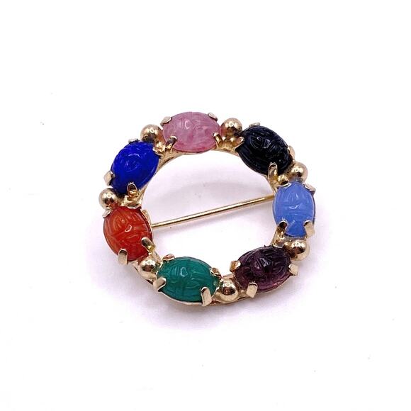 Vintage Egyptian Revival Scarab Gemstones Brooch 1” Long - Picture 3 of 6